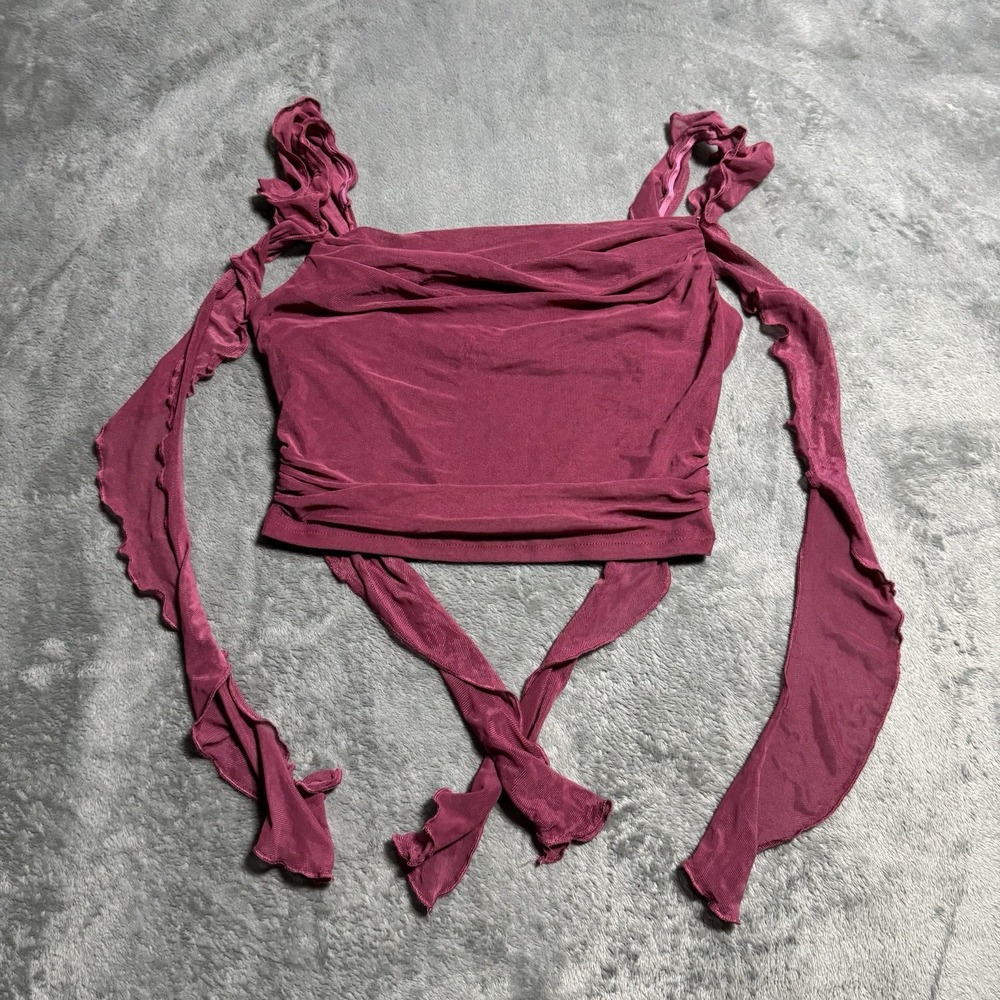 Cider Womens Mesh Y2K Style Ruffle Tie Cami Top in Pink‎ Size XS